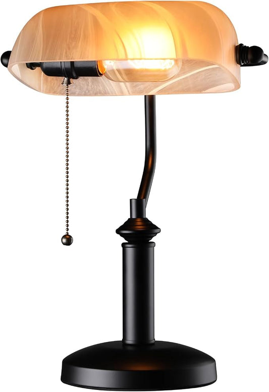 TORCHSTAR Pale Yellow Glass Bankers Desk Lamp with Pull Chain, E26 Base | Uniquely Textured Base, Antique Traditional Library Lamp for Office Study Room, Bulbs not Included