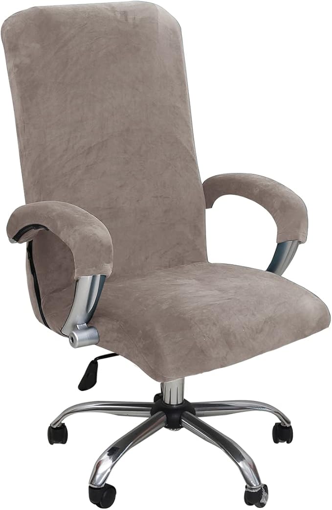 Velvet Plush Ergonomic Office Chair Cover, Khaki, XL | Stretchable Protector Comfortable, Cat Proof, For Mesh Office Desk Chair Rotating Chairs with Wheels and Armrest