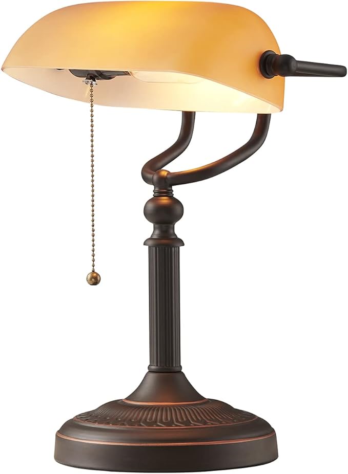 Matted Orange Glass Bankers Desk Lamp with Pull Chain Switch Plug in Fixture | Pull Chain Switch Plug in Fixture