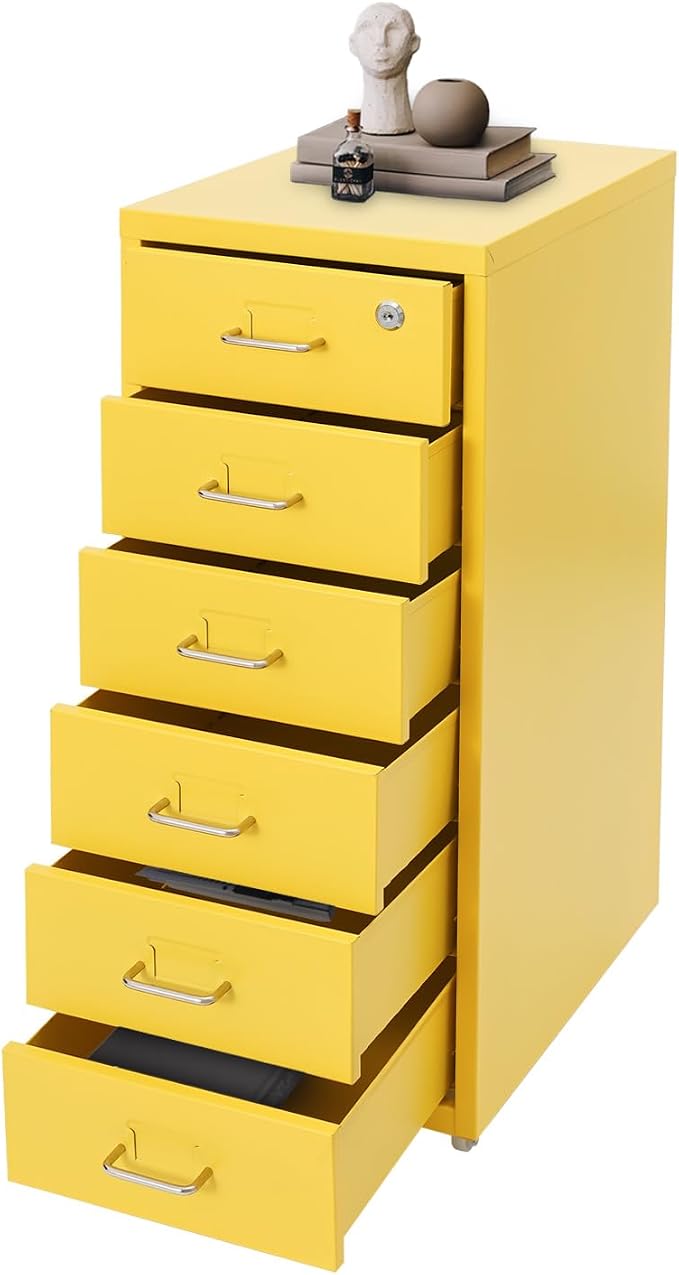 Vertical File Cabinet, 6 Drawers Rolling File Organizer Cabinets with Lock, Heavy Duty Metal Storage Cabinet, Movable Under Desk Filing Cabinet for Office, Study, Dresser (Yellow)