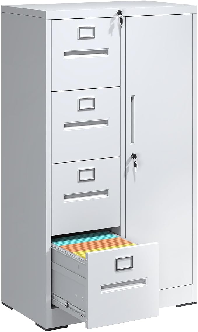 4 Drawer File Cabinet with Shelves and Hanging Rod, Metal Filing Cabinet with Lock for Home Office, File Storage Drawers for Legal/Letter Size Folders, Assembly Required (White)