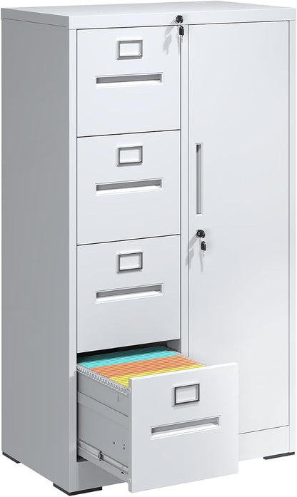 4 Drawer File Cabinet with Shelves and Hanging Rod, Metal Filing Cabinet with Lock for Home Office, File Storage Drawers for Legal/Letter Size Folders, Assembly Required (White)