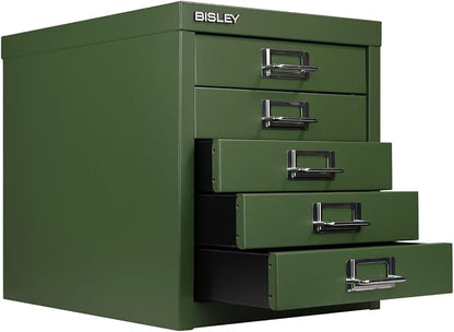 Bisley 5-Drawer Steel MultiDrawer Cabinet - Olive Green | Chrome Pull Handles with Label Holders, Powder-Coated Steel, Removable Drawers, Desktop Storage, Labels Included