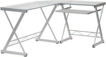 Techni Mobili L Shaped Desk with Keyboard Tray - Efficient Work from Home Desk - Glass L Shaped Desk - Professional Work Desk for Home Office - Versatile Glass Corner Desks for Home Office