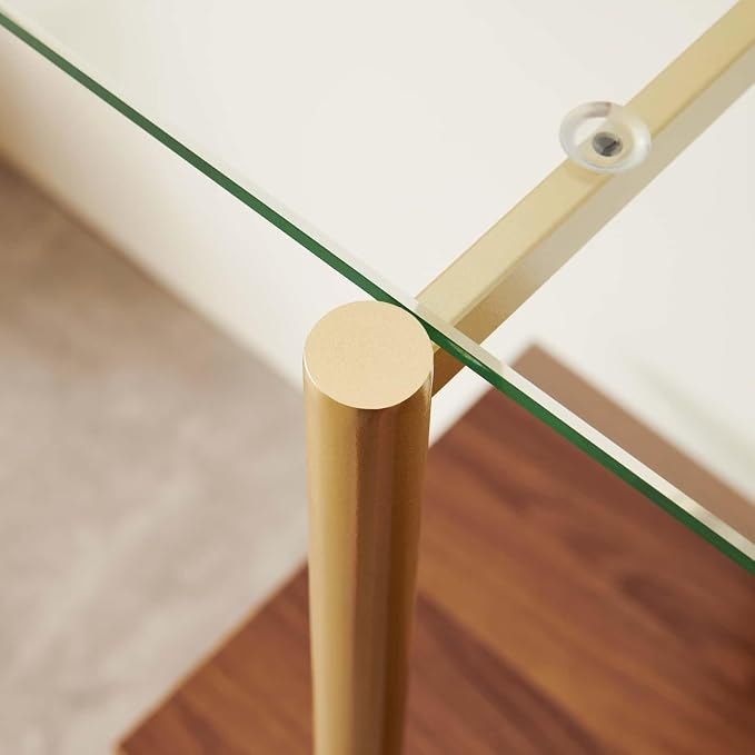 LumFurn Glass Console Table for Living Room, Foyer & Entrance, 2-Tiers Mid-Century Modern Sofa Table with Clear Glass Top, Walnut Finish Wood Top and Gold Finish Metal Frame