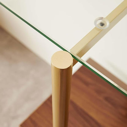 LumFurn Glass Console Table for Living Room, Foyer & Entrance, 2-Tiers Mid-Century Modern Sofa Table with Clear Glass Top, Walnut Finish Wood Top and Gold Finish Metal Frame