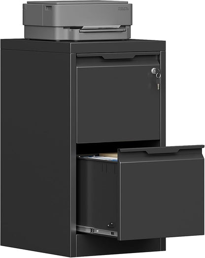 2 Drawer Metal Vertical File Cabinet with Lock, 17.8 Inch Depth Under Desk Small Filing Cabinet, Fits Letter & Legal Size Files for Home Office, Easy to Assemble