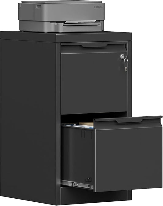 2 Drawer Metal Vertical File Cabinet with Lock, 17.8 Inch Depth Under Desk Small Filing Cabinet, Fits Letter & Legal Size Files for Home Office, Easy to Assemble