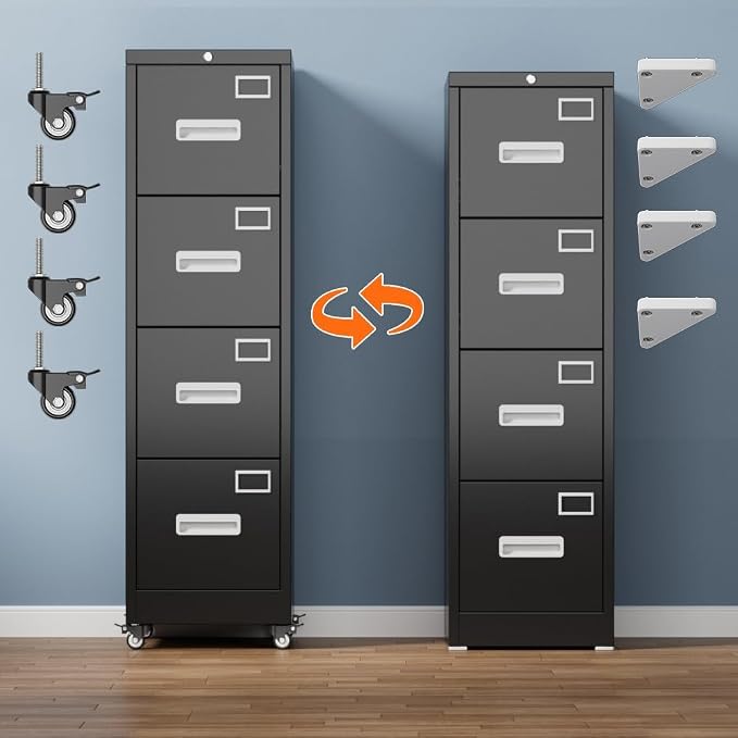 METAN 4 Drawer Metal File Cabinet with Lock, Mobile Heavy Duty Steel Filing Cabinet with Full Extension Rails, for Office Workspaces, Letter Legal Size, Black, Assembly Required