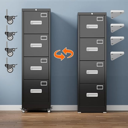 METAN 4 Drawer Metal File Cabinet with Lock, Mobile Heavy Duty Steel Filing Cabinet with Full Extension Rails, for Office Workspaces, Letter Legal Size, Black, Assembly Required