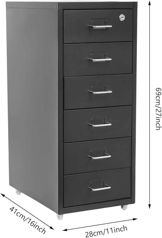 Vertical File Cabinet, 6 Drawers Rolling File Organizer Cabinets with Lock, Heavy Duty Metal Storage Cabinet, Movable Under Desk Filing Cabinet for Office, Study, Dresser (Black)