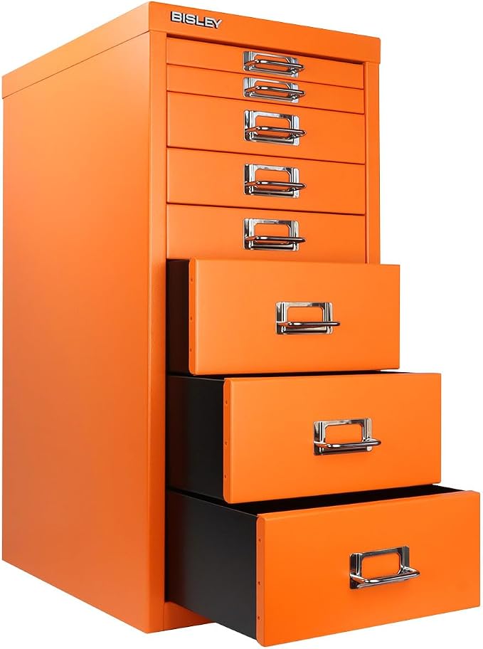 8-Drawer Steel MultiDrawer Cabinet - Orange, by Bisley | Chrome Pull Handles with Label Holders, Powder-Coated Steel, Removable Drawers, Fits Under Most Desks, Labels Included
