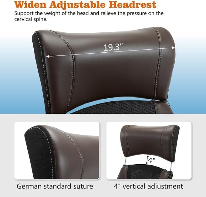 ZLHECTO® Executive Office Chair, Ergonomic Leather Desk Chair, Widened Adjustable Headrest with Flip-Up Arms, High Back Computer Swivel Task Chair with Lumbar Support, Brown
