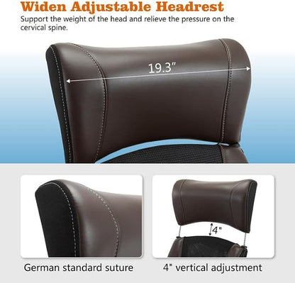 ZLHECTO® Executive Office Chair, Ergonomic Leather Desk Chair, Widened Adjustable Headrest with Flip-Up Arms, High Back Computer Swivel Task Chair with Lumbar Support, Brown