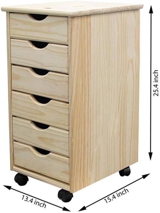Pemberly Row Solid Wood 6-Drawer Utility Cart, 15.25 x 13.25 x 25.75 in, Unfinished Pine, Compact Design with Casters, Removable Drawers, Crafting, Home Office, Customizable Storage Solution