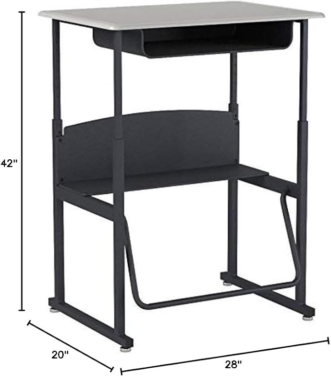 Safco AlphaBetter Student Standing Desk with Storage Book Box, Adjustable Height with Shelf and Swinging Pendulum Foot Rest, 28" W x 20" D, Black