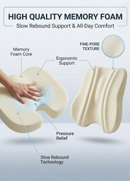 Lumbar Support Pillow & Seat Cushion for Office Chairs with Adjustable Strap, Memory Foam Back Support for Office Desk Chair Cushion, Chair Seat Cushions for Car, Travel and Wheelchair (Grey)