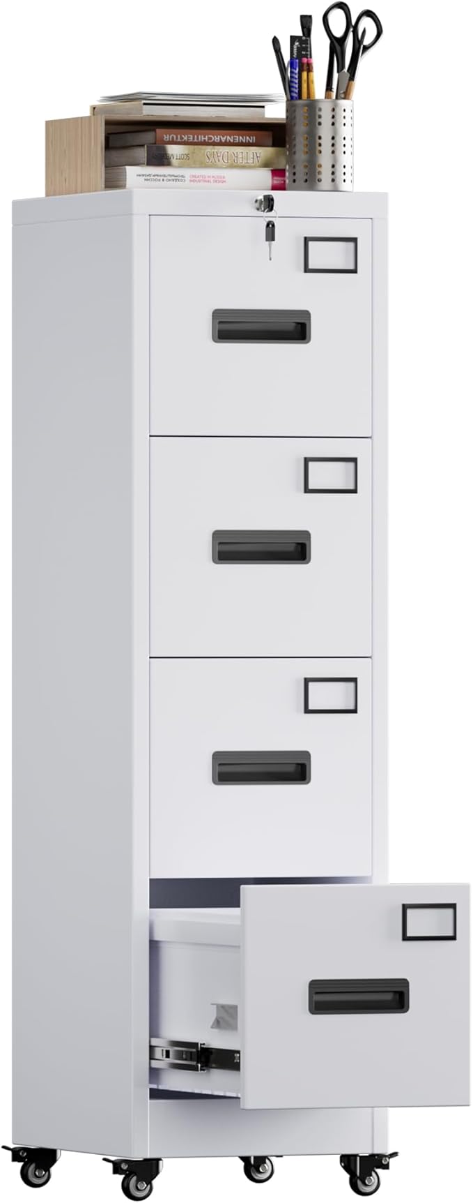 Aobabo 4 Drawer File Cabinet with Lock and Wheels, Metal Vertical Filing Cabinet with Anti-Tilt Interlock System for Home Office, Fits Letter/Legal Size, White,Required Assembly