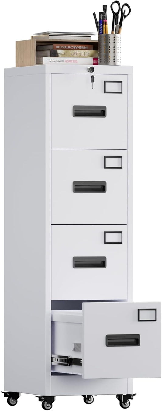 Aobabo 4 Drawer File Cabinet with Lock and Wheels, Metal Vertical Filing Cabinet with Anti-Tilt Interlock System for Home Office, Fits Letter/Legal Size, White,Required Assembly