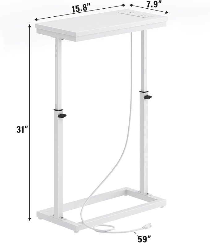 TUTOTAK End Table with Charging Station, Side Table, Tall Couch Table, Sofa Table, Living Room, Bedroom,White TB01BW084