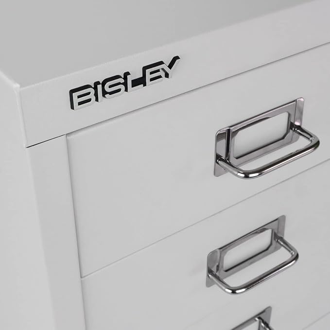 Bisley 3-Drawer Steel MultiDrawer Cabinet - Light Grey | Chrome Pull Handles with Label Holders, Powder-Coated Steel, Removable Drawers, Desktop Storage, Labels Included