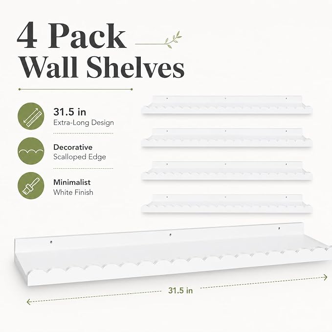 Extra Long White Scalloped Nursery Shelves for Wall, 4-Pack 31.5 Inch Floating Book Shelves for Kids Room, Wall Mounted Bookshelves for Bedroom, Playroom, Book and Decor Display