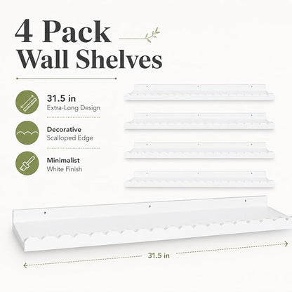 Extra Long White Scalloped Nursery Shelves for Wall, 4-Pack 31.5 Inch Floating Book Shelves for Kids Room, Wall Mounted Bookshelves for Bedroom, Playroom, Book and Decor Display