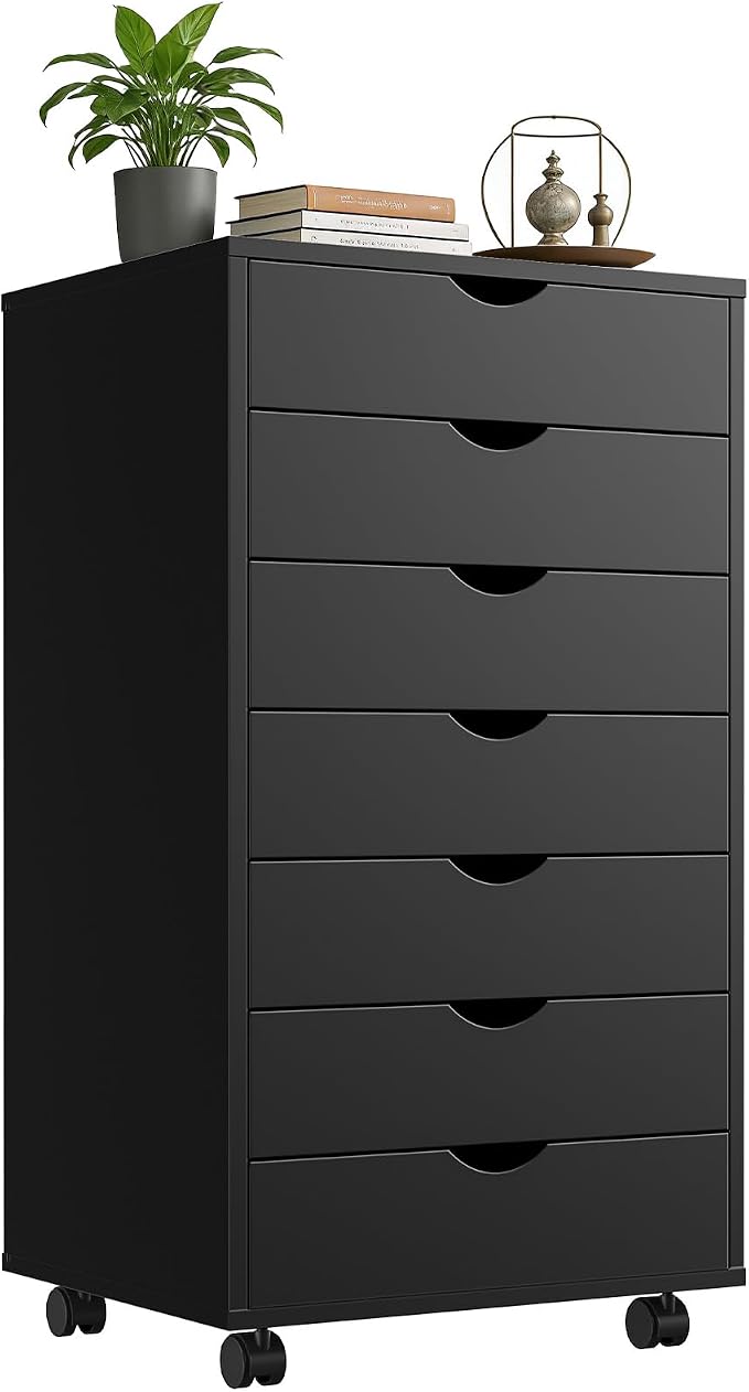 Mobile File Cabinet Under Desk, 7 Drawer Storage Organization with Wheels, Vertical Filing Chest Rolling Wood Small Desk Printer Stand for Home Office, 15.75" D x 18.74" W x 34.25" H