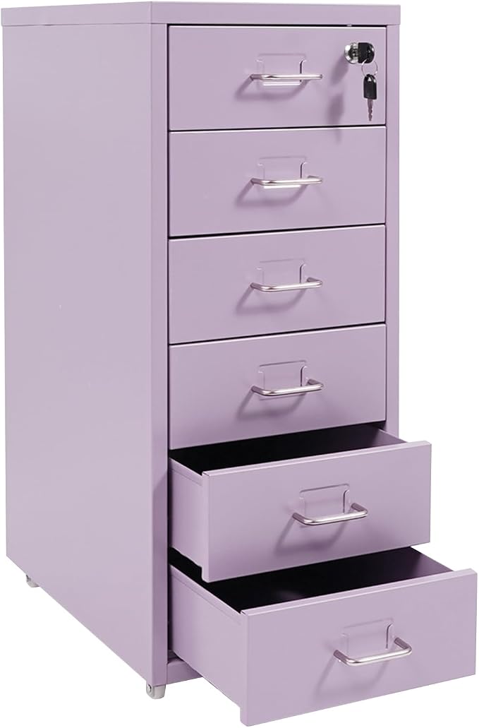Vertical File Cabinet, 6 Drawers Rolling File Organizer Cabinets with Lock, Heavy Duty Metal Storage Cabinet, Movable Under Desk Filing Cabinet for Office, Study, Dresser (Purple)