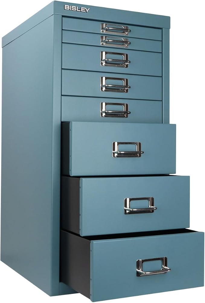 Bisley 8-Drawer Steel MultiDrawer Cabinet - Doulton Blue | Chrome Pull Handles with Label Holders, Powder-Coated Steel, Removable Drawers, Fits Under Most Desks, Labels Included