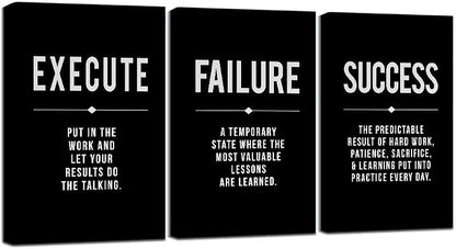 Framed Canvas Wall Art Success Quote, Office Wall Art, Black Large Poster, Positive Motivational Set of 3 Prints, Execute Failure Definition, Inspirational Print (A-3pcs,16x24inchx3pcs)