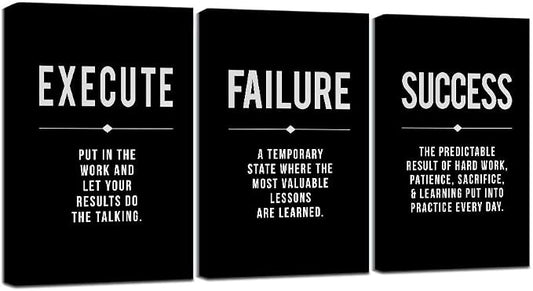 Framed Canvas Wall Art Success Quote, Office Wall Art, Black Large Poster, Positive Motivational Set of 3 Prints, Execute Failure Definition, Inspirational Print (A-3pcs,16x24inchx3pcs)
