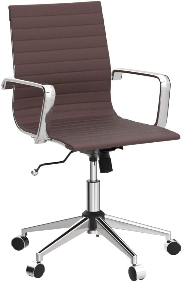 Office Chair with Arms, Brown Faux Leather Desk Chair with Ribbed Mid Back, Adjustable Height Swivel Computer Chair for Home Office, Conference Room and Reception