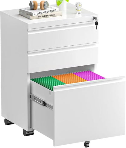 Superday File Cabinet 3 Drawer, Fully Assembled Metal Rolling Vertical Filing Cabinet with Wheels, Small Under Desk File Cabinets for Home Office (White)