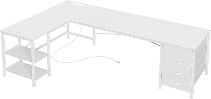 Huuger 63 Inch L Shaped Desk with Fabric Drawers, Reversible Computer Gaming Desk with Power Outlets and USB-C Port, Adjustable Side Storage Shelves, for Work Study Corner Home Office, White
