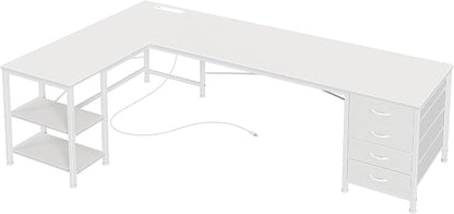 Huuger 63 Inch L Shaped Desk with Fabric Drawers, Reversible Computer Gaming Desk with Power Outlets and USB-C Port, Adjustable Side Storage Shelves, for Work Study Corner Home Office, White