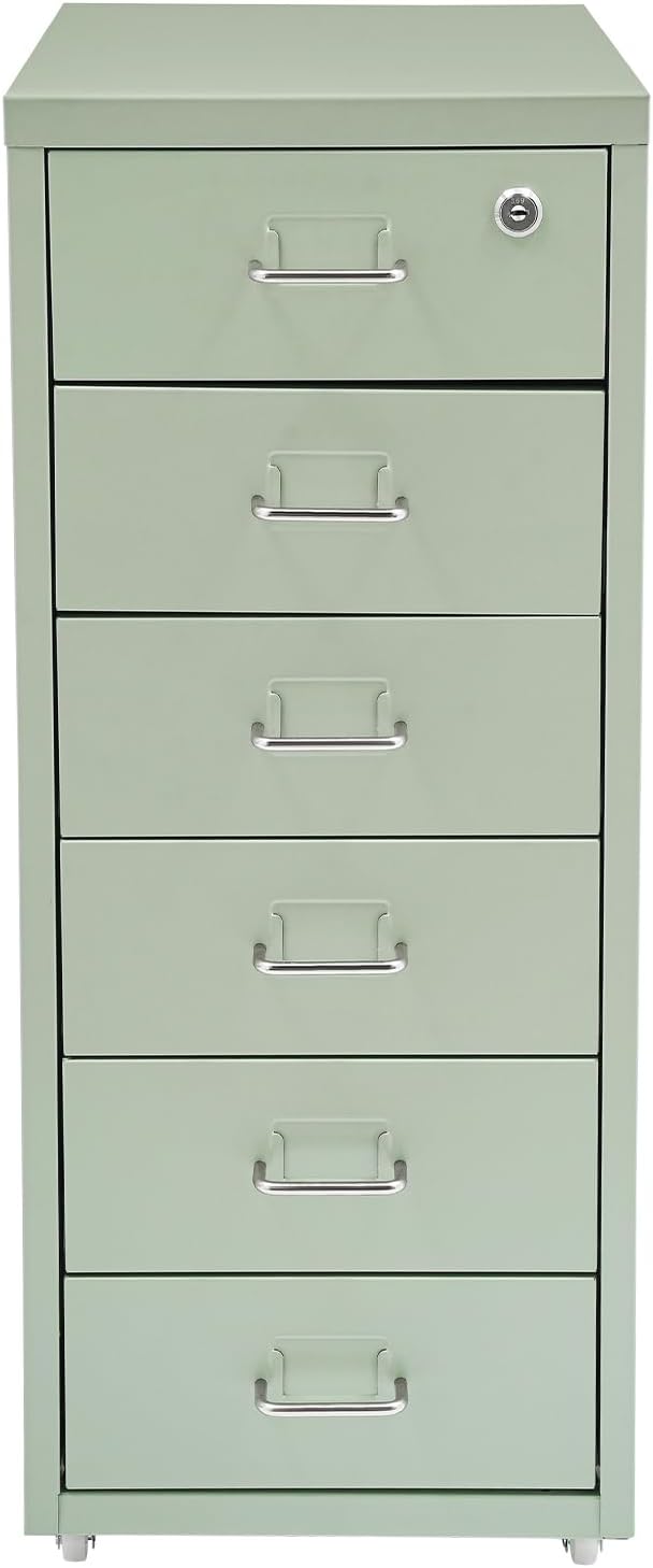 Vertical File Cabinet, 6 Drawers Rolling File Organizer Cabinets with Lock, Heavy Duty Metal Storage Cabinet, Movable Under Desk Filing Cabinet for Office, Study, Dresser (Green)