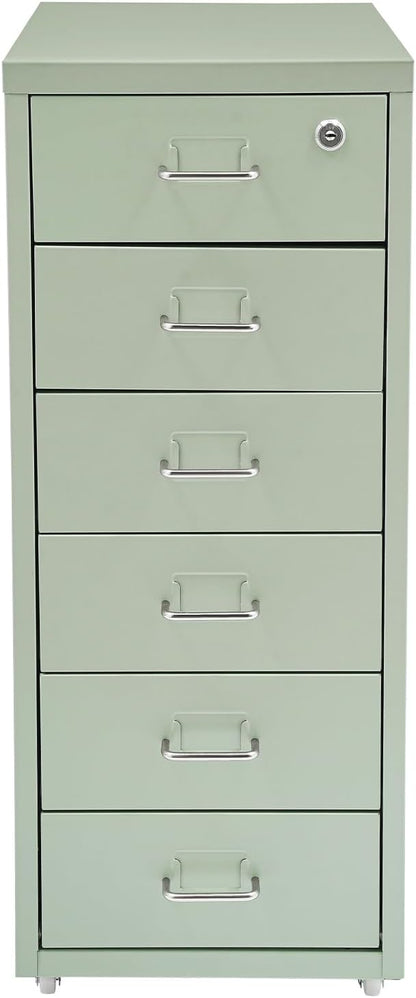 Vertical File Cabinet, 6 Drawers Rolling File Organizer Cabinets with Lock, Heavy Duty Metal Storage Cabinet, Movable Under Desk Filing Cabinet for Office, Study, Dresser (Green)