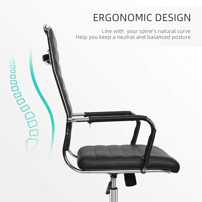 Okeysen Black Conference Room Chairs, Modern Ergonomic PU Leather Office Desk Chair Ribbed for Office, High Back Executive Swivel Rolling Task Chair for Home