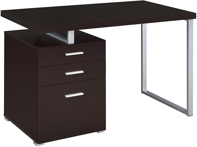 CARTESIAN Vertex Reversible 47 Inch Office Computer Desk with 3 Drawers, Cappuccino Finish, Silver Metal Frame