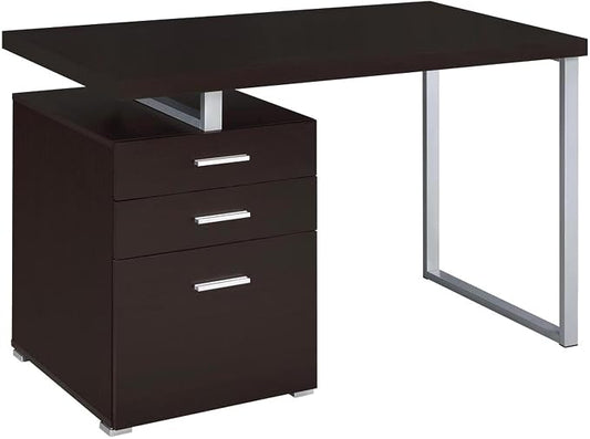 CARTESIAN Vertex Reversible 47 Inch Office Computer Desk with 3 Drawers, Cappuccino Finish, Silver Metal Frame