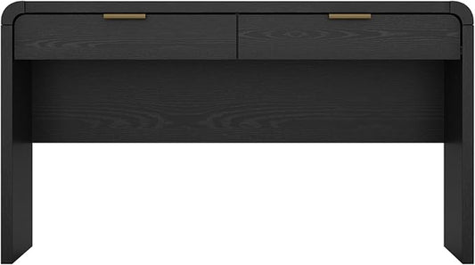 Manhattan Comfort Grace 54" Modern Office Desk with 2 Drawers, Wood Table with Metal Recessed Handles for Work from Home, Study, Craft, Stylish Executive Desk, Black and Gold