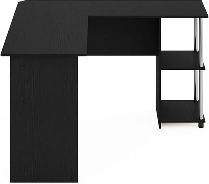 Furinno Abbott L-Shape Computer Desk with Stainless Steel Tubes Bookshelf, Americano/Chrome
