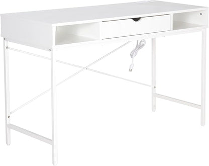 JJS 48' Writing Desk with Power Outlet, Home Office Contemporary Large Computer Desk Laptop Workstation with Drawer USB Ports Charging Station, White