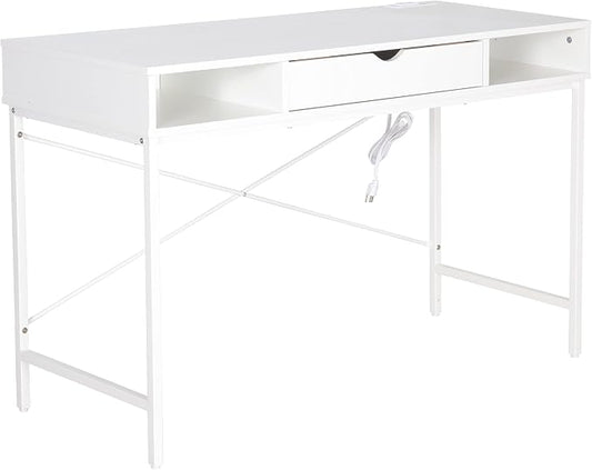JJS 48' Writing Desk with Power Outlet, Home Office Contemporary Large Computer Desk Laptop Workstation with Drawer USB Ports Charging Station, White
