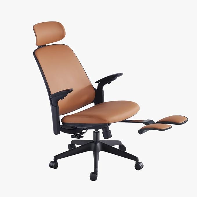 Sunaofe Boss Pro Leather Ergonomic Office Chair with Footrest - Executive Chair, 4D Armrests, Adaptive Lumbar, 125° Recline, 300lb Capacity, 5-Year Warranty Black Frame/Brown