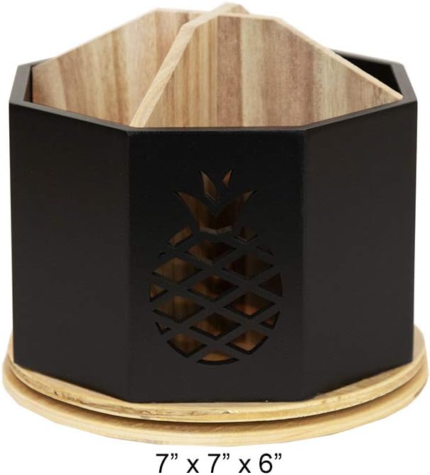 Spinning Desktop Stationary Organizer – Decorative Wooden Rotating Pen and Pencil Cup – 4 Compartment Black Desk and Table Top Office Supplies Station with Pineapple Cutout - by Designstyles