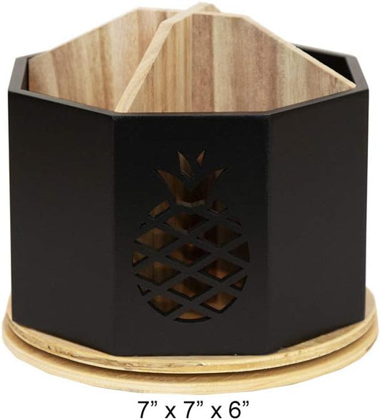 Spinning Desktop Stationary Organizer – Decorative Wooden Rotating Pen and Pencil Cup – 4 Compartment Black Desk and Table Top Office Supplies Station with Pineapple Cutout - by Designstyles