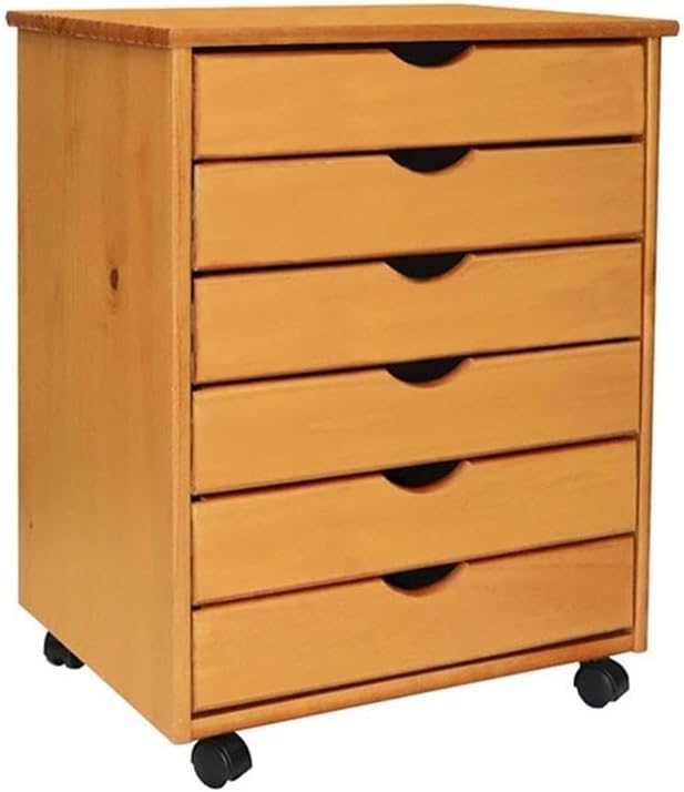 Pemberly Row Solid Wood 6-Drawer Roll Utility Cart, 15.35x20.75x25.43 in, Med Pine Finish, Smooth Mobility Casters, Compact Storage Organizer for Home Office, Kitchen, or Craft Room