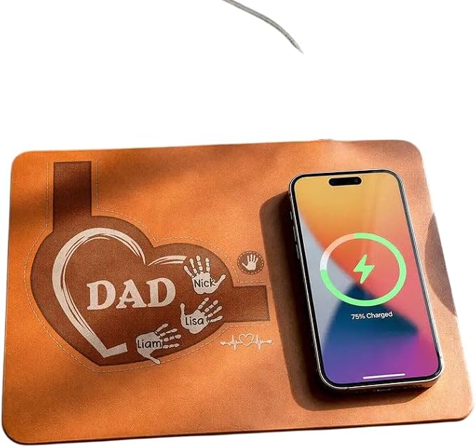 Personalized Leather Charging Mat, Dad Kids Handprints Wireless Charging Desk Mat, Custom Dad Gift from Kids, Fathers Day Gift for Dad, Papa, Grandpa, Daddy 9